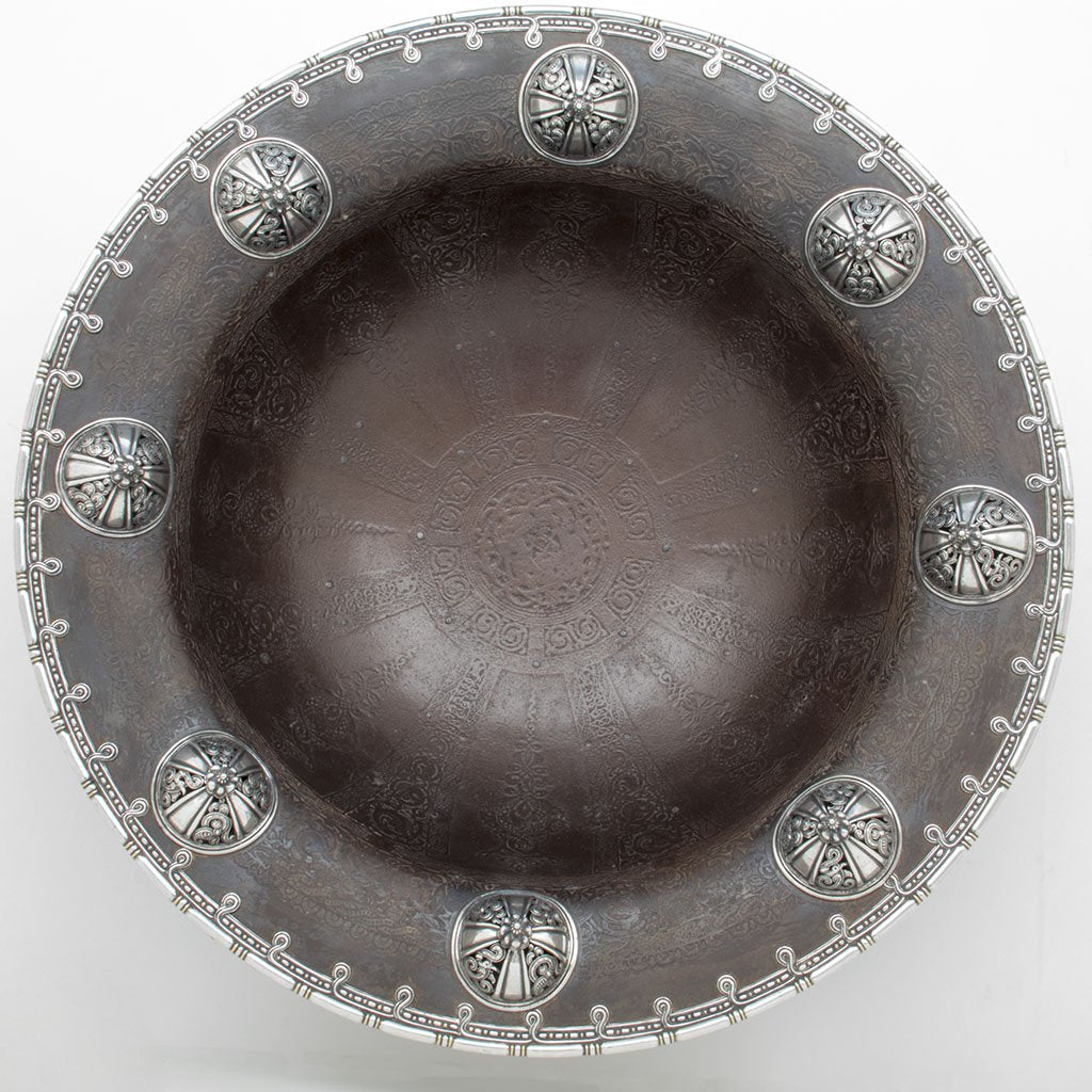 Closeup of Tiffany &amp; Co. Columbian Exposition: &quot;Viking Punch-Bowl,&quot; Antique Iron, Silver and Gold, designed by Paulding Farnham, NYC, 1893