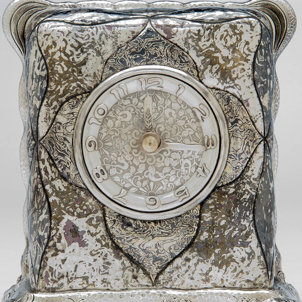 Detail of Tiffany &amp; Co. Antique Sterling &amp; Mokume Mantle Clock, NYC, NY, c. 1880