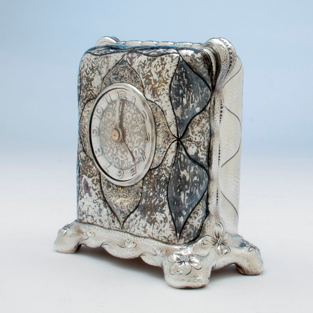 Angle view of Tiffany and Co. Antique Sterling and Mokume Clock, NYC, NY, c. 1880