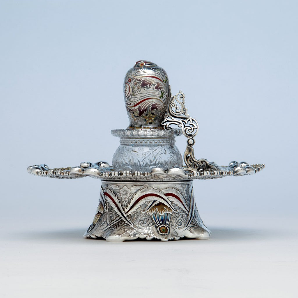 Tiffany & Co. Antique Sterling Silver, Enamel and Glass Inkwell, NYC, NY, c. 1887