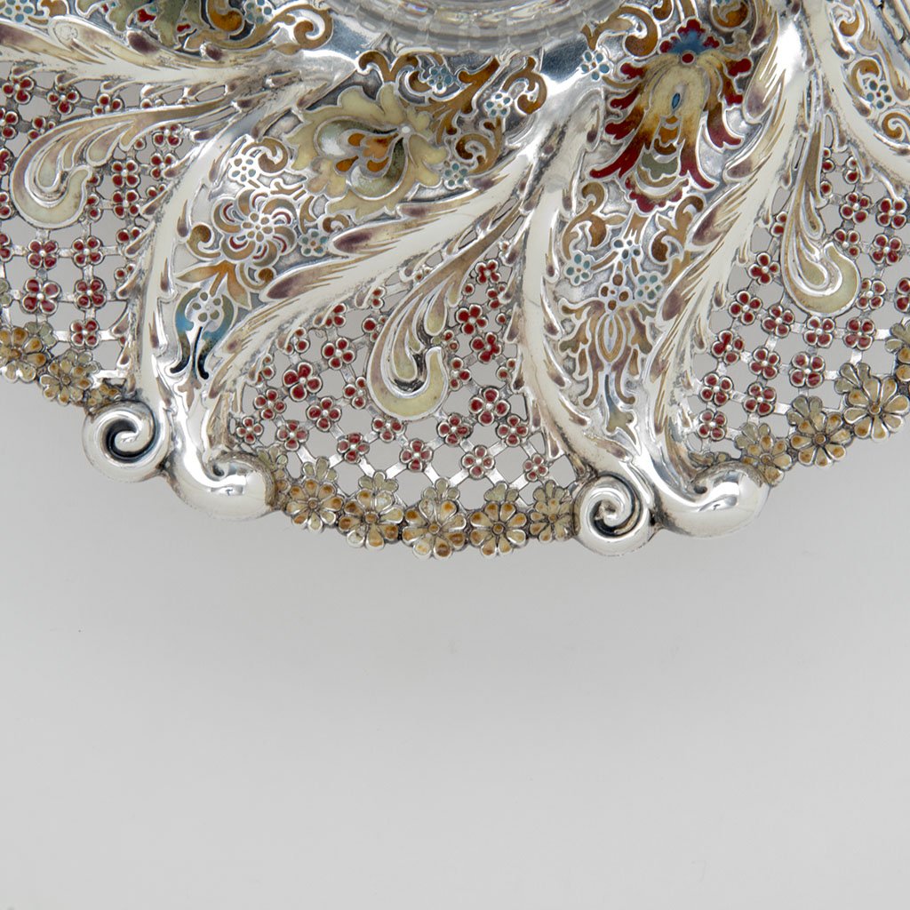 Enamel detail 2 of Tiffany &amp; Co. Antique Sterling Silver, Enamel and Glass Inkwell, NYC, NY, c. 1887