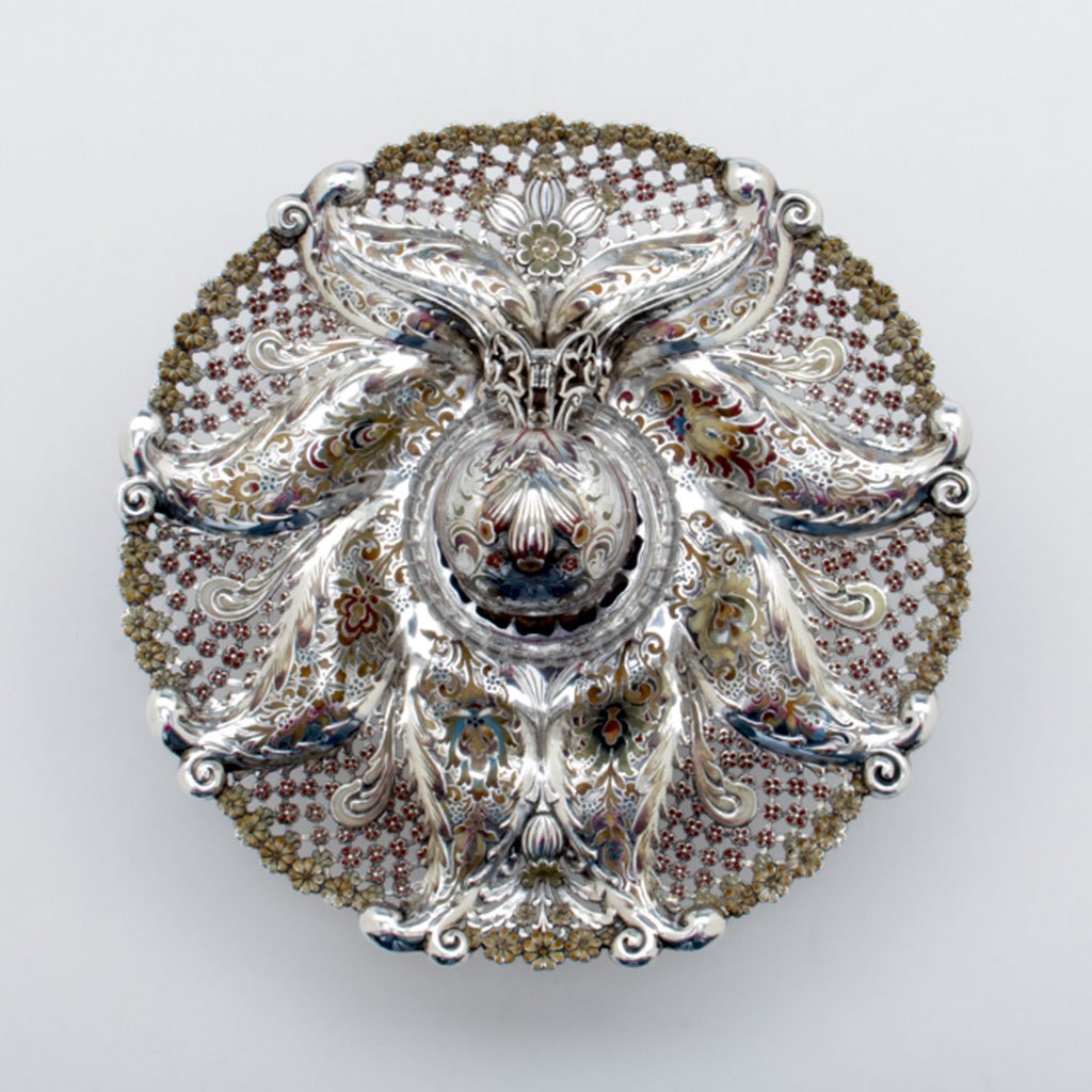 Top view of Tiffany &amp; Co. Antique Sterling Silver, Enamel and Glass Inkwell, NYC, NY, c. 1887