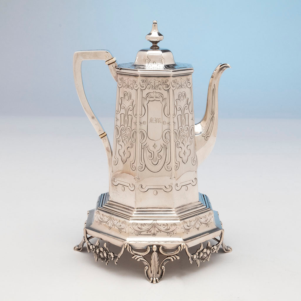 Coffee pot on stand of Tiffany, Ellis &amp; Co/ Tiffany &amp; Co Made by John C. Moore Coin Coffee Service, NYC, 1852/23