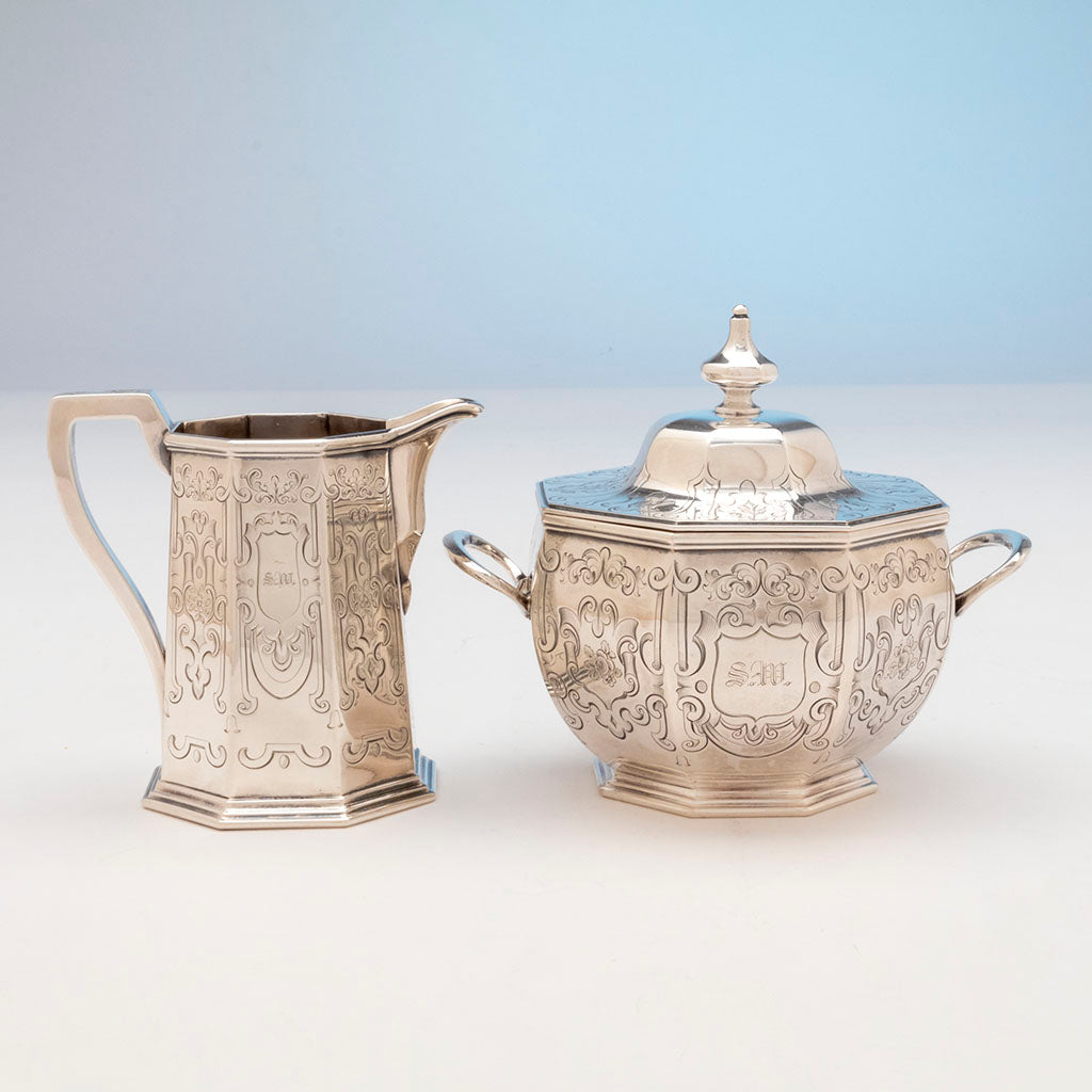 Creamer and covered sugar to Tiffany, Ellis &amp; Co/ Tiffany &amp; Co Made by John C. Moore Coin Coffee Service, NYC, 1852/23