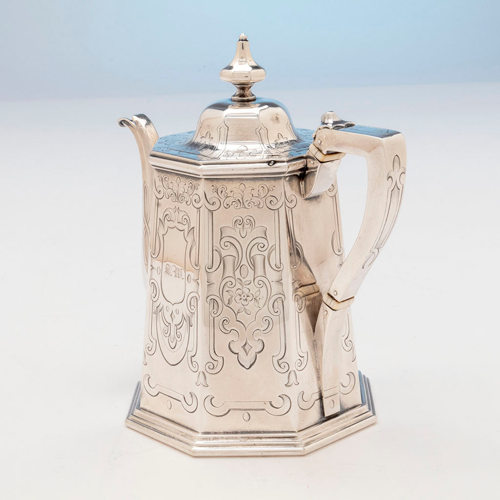 Engraving detail on Tiffany, Ellis &amp; Co/ Tiffany &amp; Co Made by John C. Moore Coin Coffee Service, NYC, 1852/23