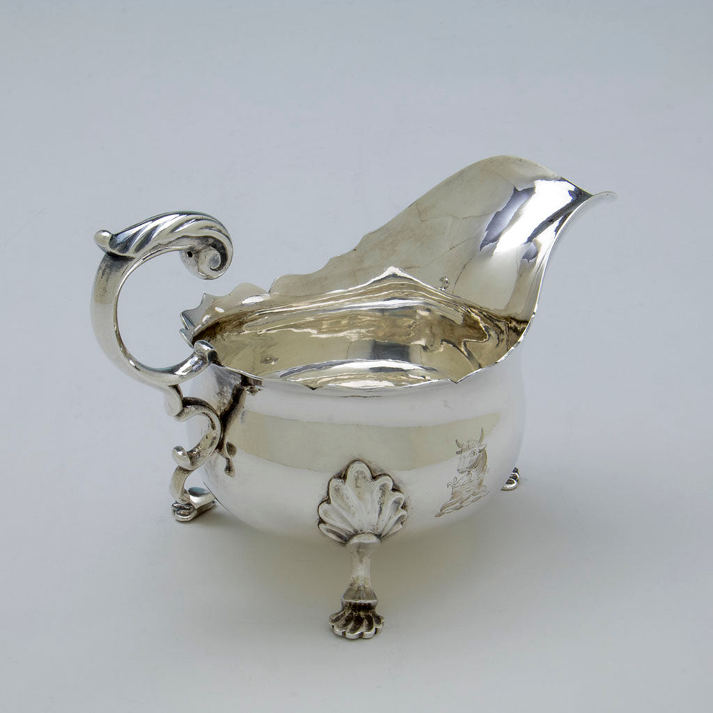Angle view of Thomas Fletcher Antique Coin Silver Sauce Boat, Philadelphia, PA, c. 1830