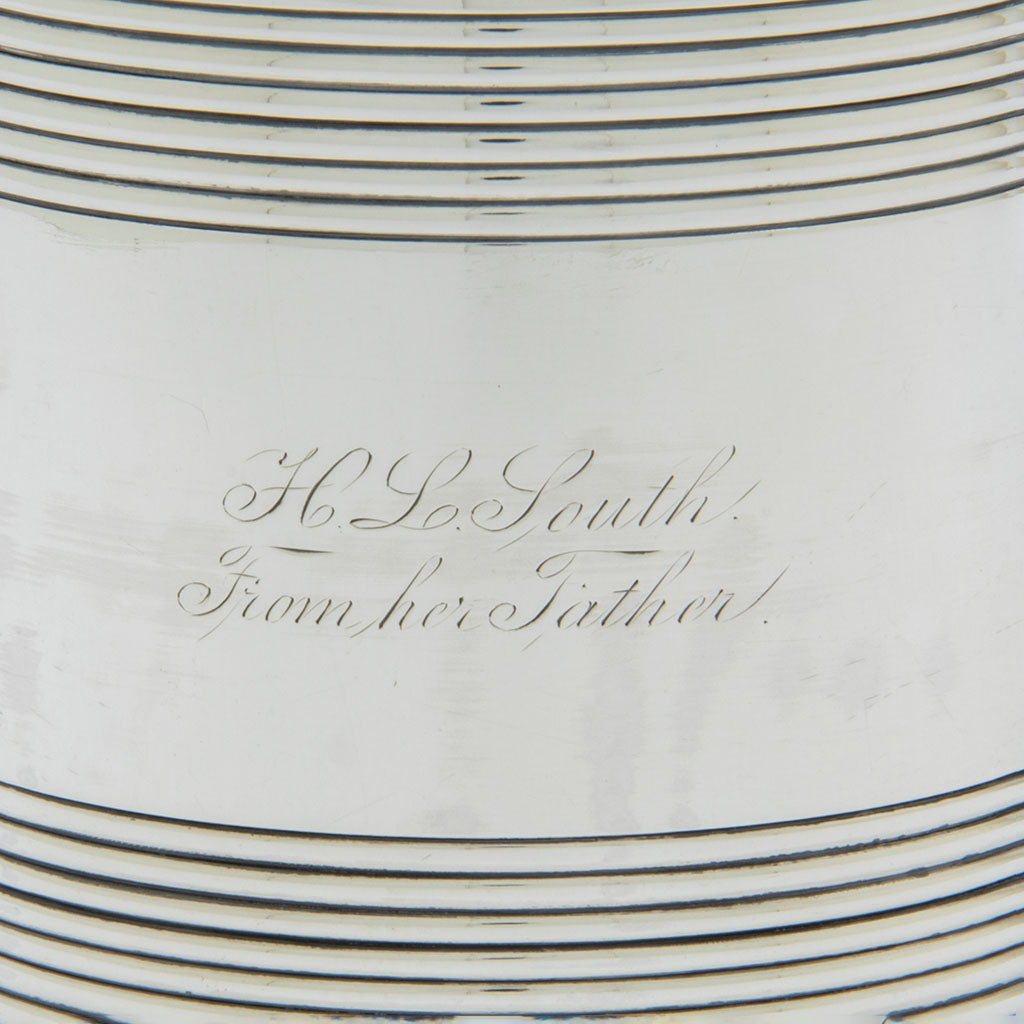 Inscription on Edward Lownes Antique Coin Silver Cann, Philadelphia, PA, 1816-34