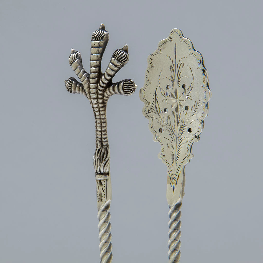claw and engraved bowl of JE Caldwell &amp; Co. Antique Coin Silver Ice Tongs, Philadelphia, PA, c. 1865