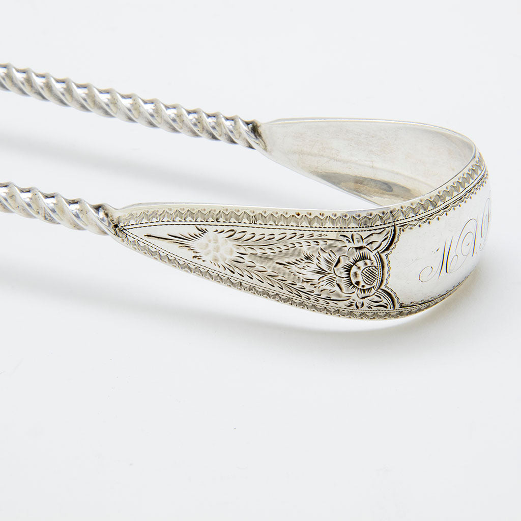 Engraving on JE Caldwell &amp; Co. Antique Coin Silver Ice Tongs, Philadelphia, PA, c. 1865