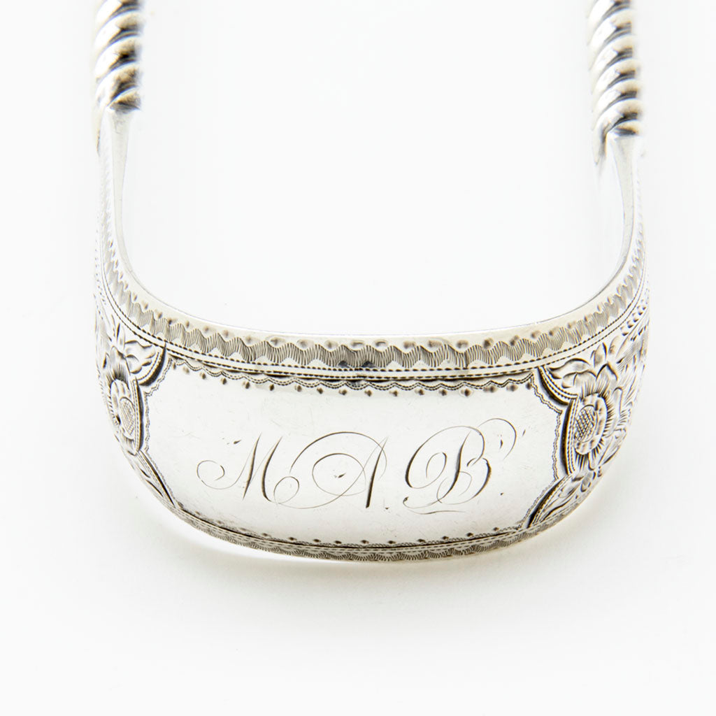 Monogram on JE Caldwell &amp; Co. Antique Coin Silver Ice Tongs, Philadelphia, PA, c. 1865