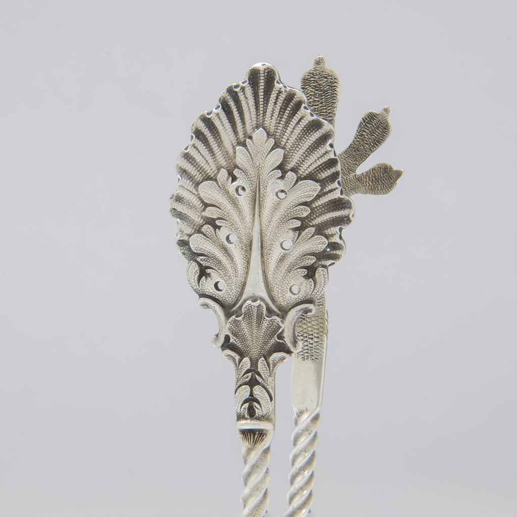 Pierced bowl of JE Caldwell &amp; Co. Antique Coin Silver Ice Tongs, Philadelphia, PA, c. 1865