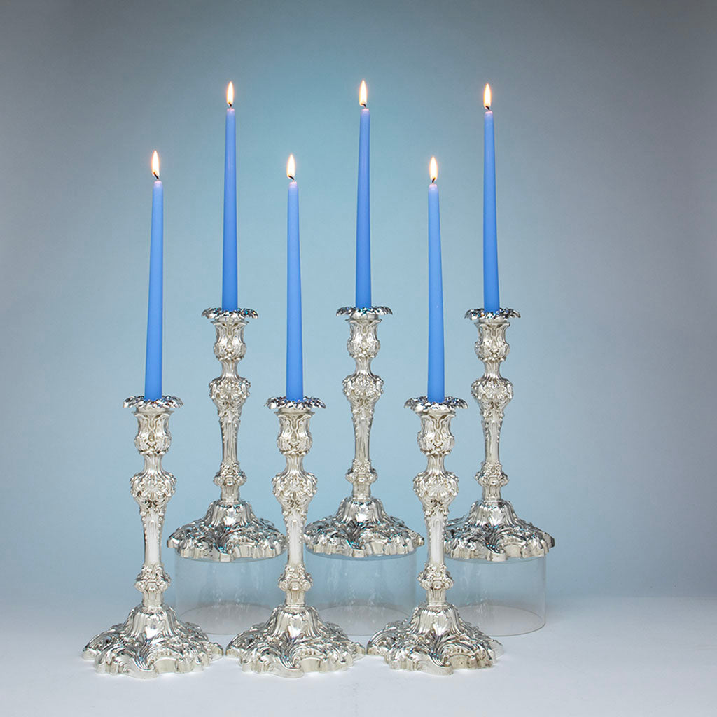 Blue background with Howard &amp; Co Antique Sterling Silver Candlesticks, New York City, NY, 1904, set of 6