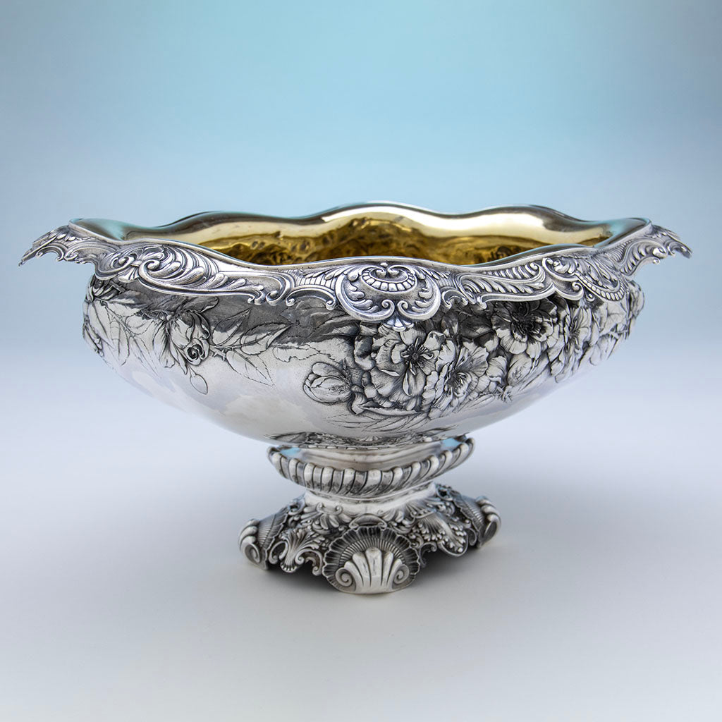 Corner view of Gorham Antique Sterling Silver The Rose Service Punch Bowl made for the 1893 Chicago World&#39;s Fair or Columbian Exposition, Providence, RI, 1892