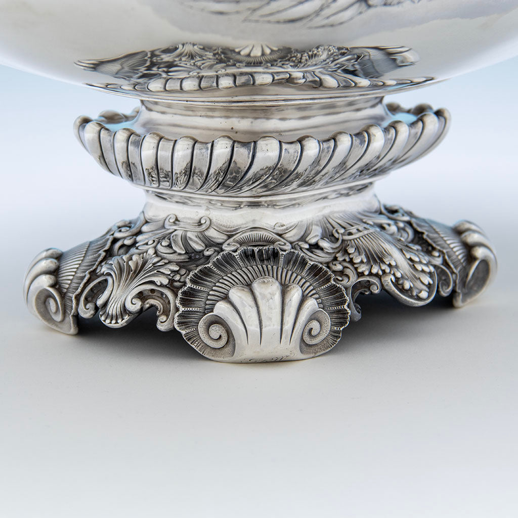 Foot detail of Gorham Antique Sterling SIlver The Rose Service Punch Bowl made for the 1893 Chicago World&#39;s Fair, Providence, RI, c. 1892