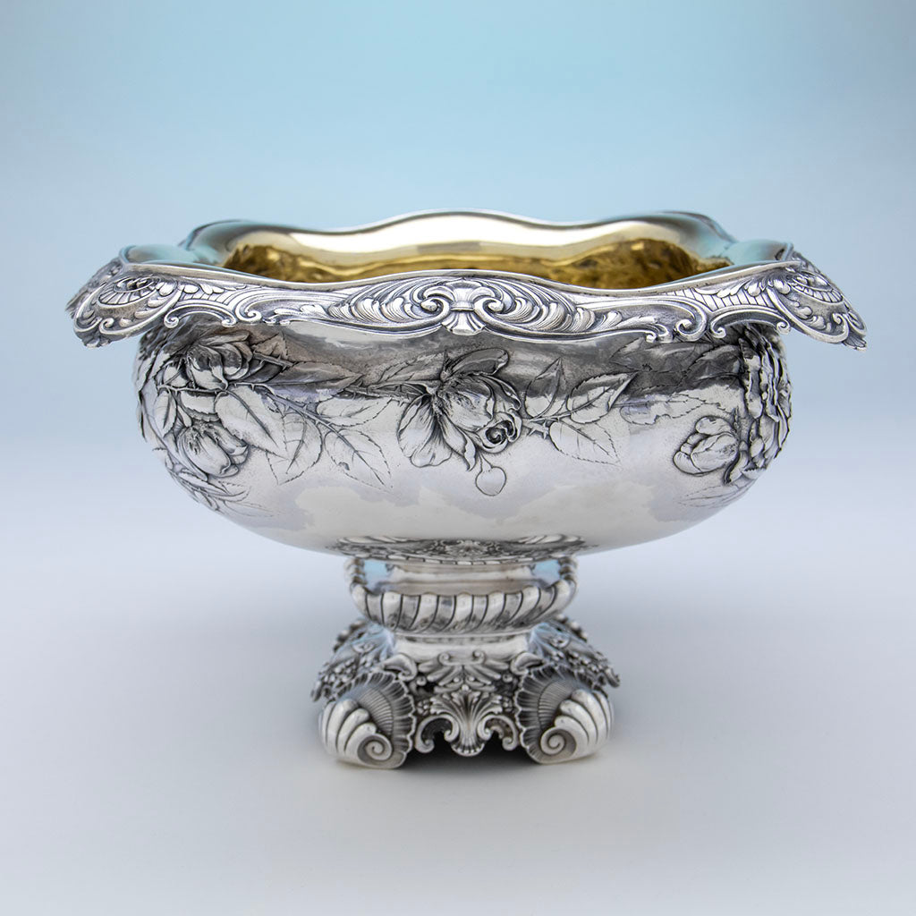 Side view of Gorham Antique Sterling Silver The Rose Service Punch Bowl made for the 1893 Chicago World&#39;s Fair or Columbian Exposition, Providence, RI, 1892