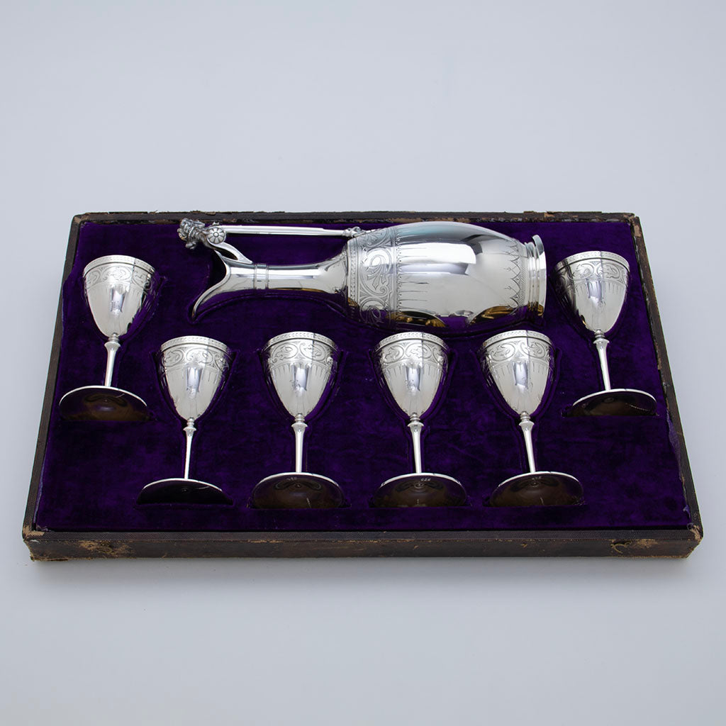 Boxed Gorham Antique Coin Silver Claret Service, Providence, RI, c. 1864