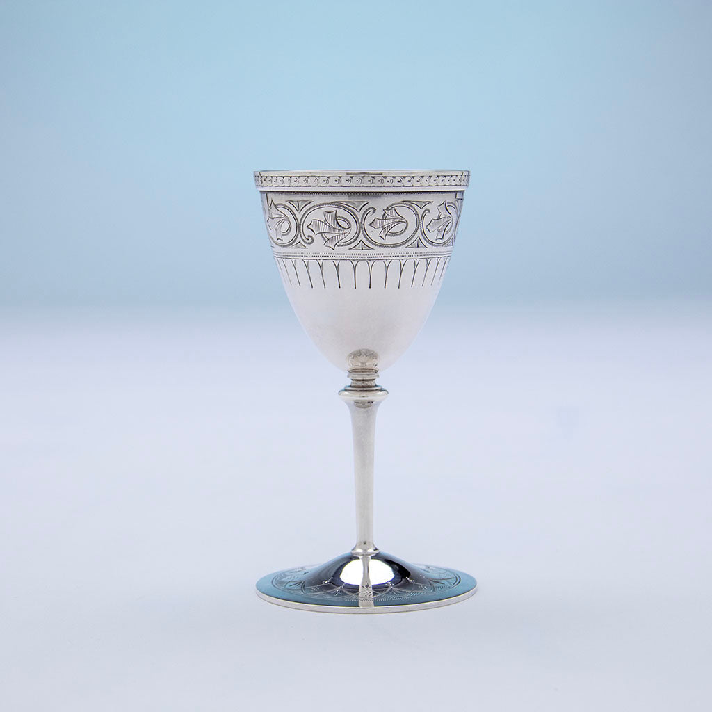 Cup detail of Gorham Antique Coin Silver Claret Service, Providence, RI, c. 1864