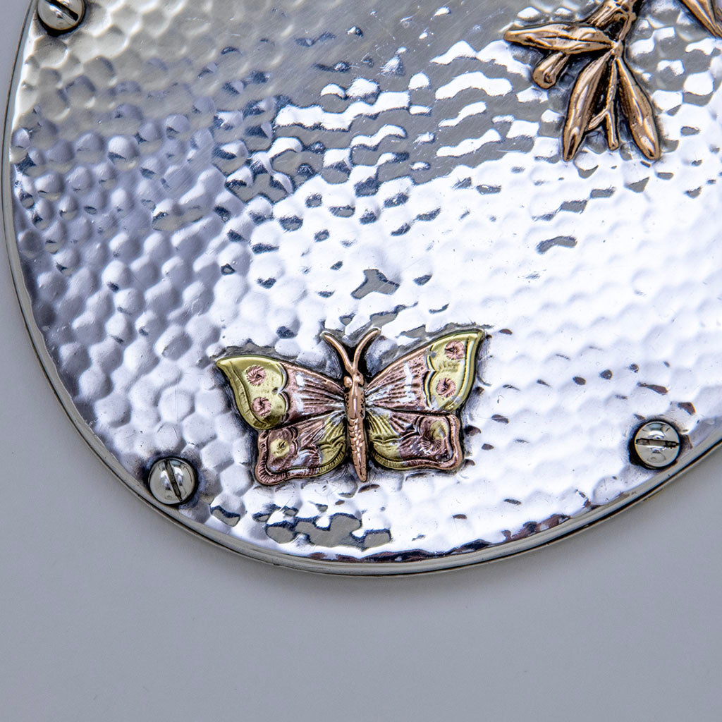 Mixed metals butterfly on Dominick &amp; Haff(attr) Antique Sterling(attr) Silver and Other Metals Hand Mirror, NYC, NY, c. 1880s