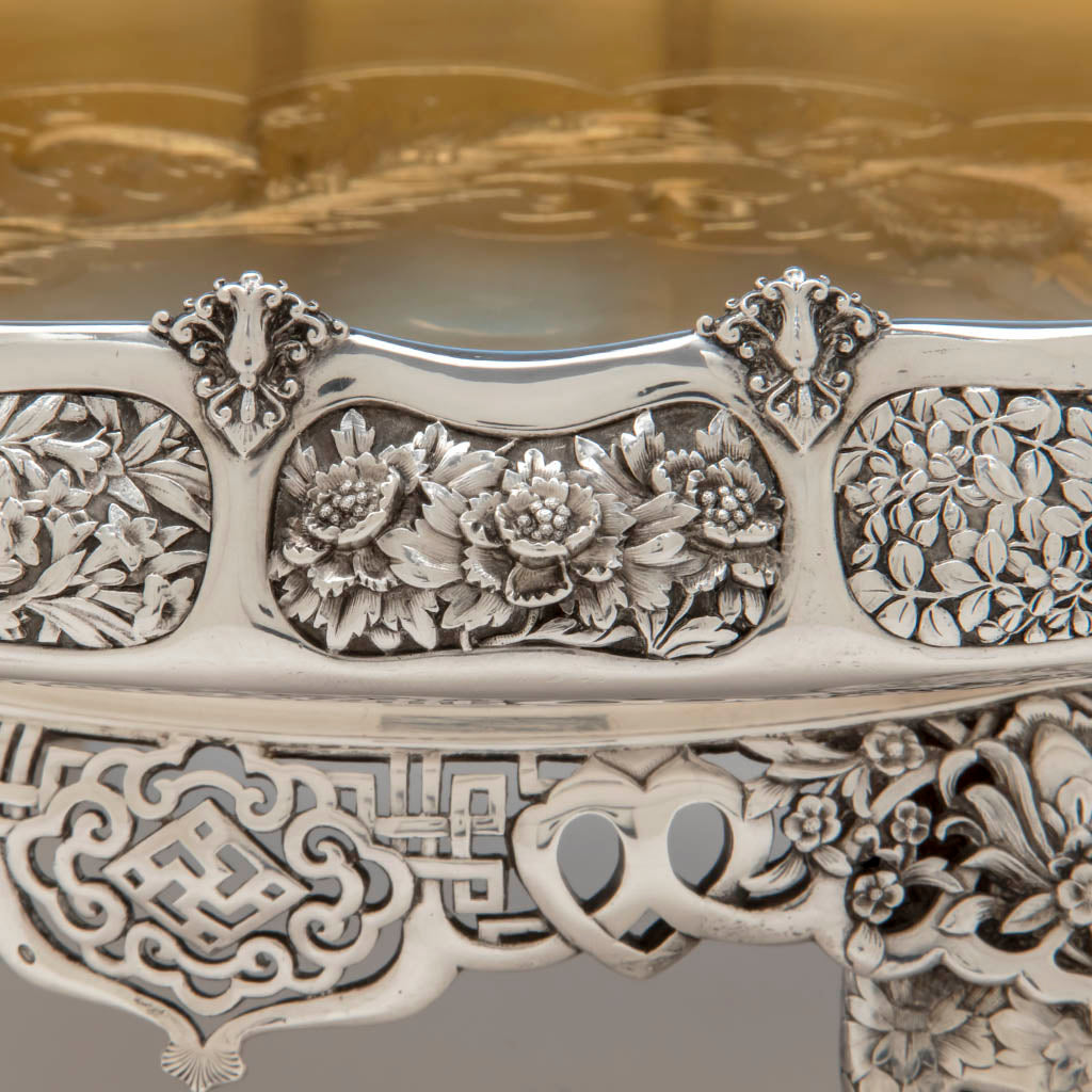 Floral panel on Tiffany &amp; Co. Parcel Gilt Antique Sterling Ice Cream Service from The Mackay Service, NYC, c. 1878, Exhibited at the Paris 1878 International Exposition
