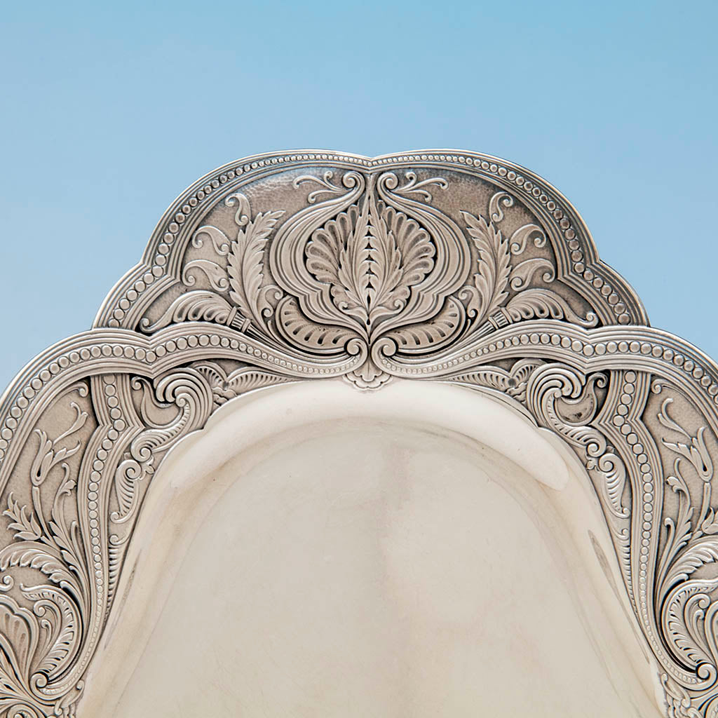 Tray corner detail of Gorham Antique Sterling Silver Black Coffee Service, Providence, RI, 1896-97