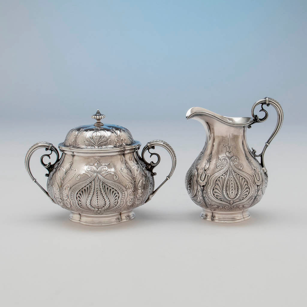 Creamer and sugar of Gorham Antique Sterling Silver Black Coffee Service, Providence, RI, 1896-97