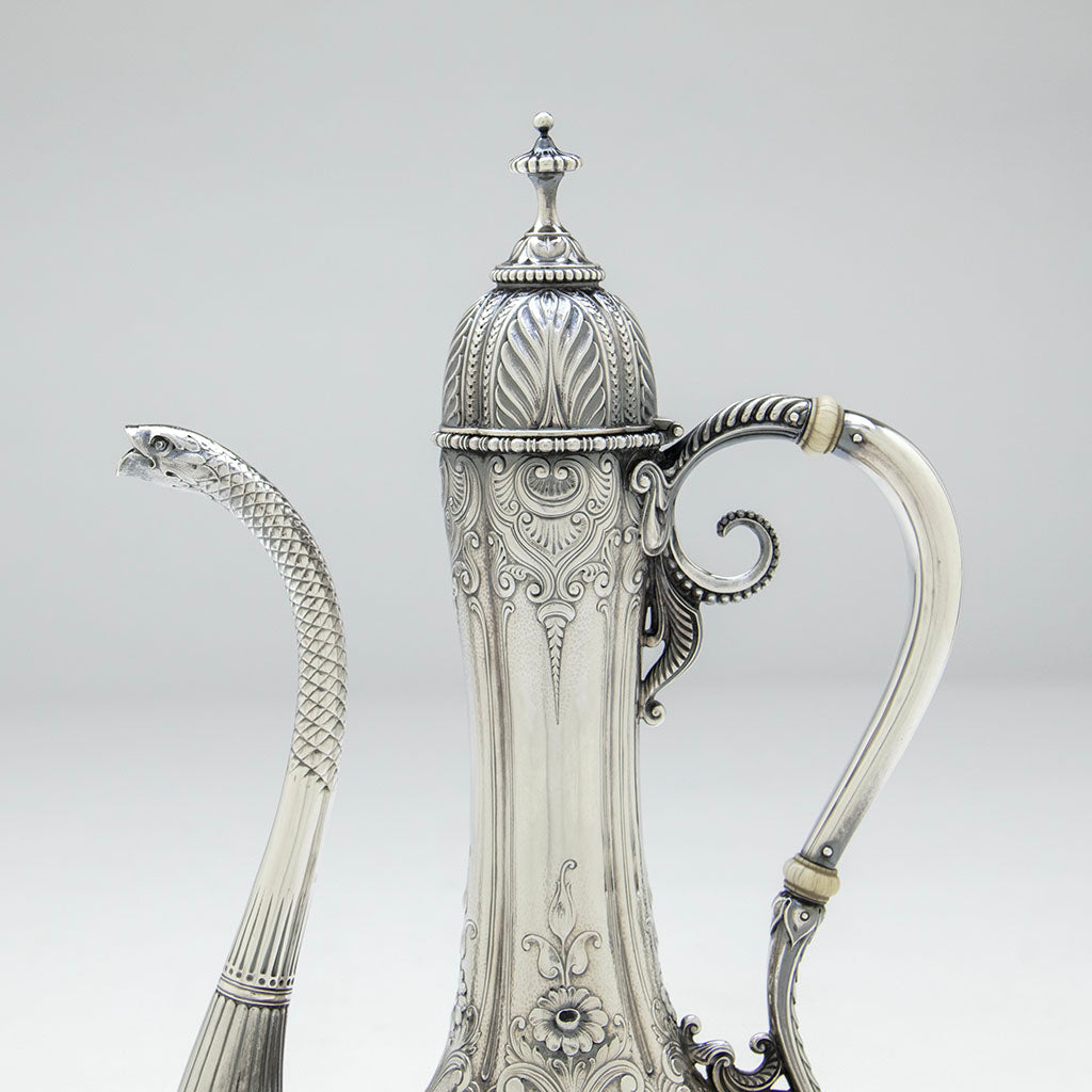 Handle and spout to Gorham Antique Sterling Silver Black Coffee Service, Providence, RI, 1896-97