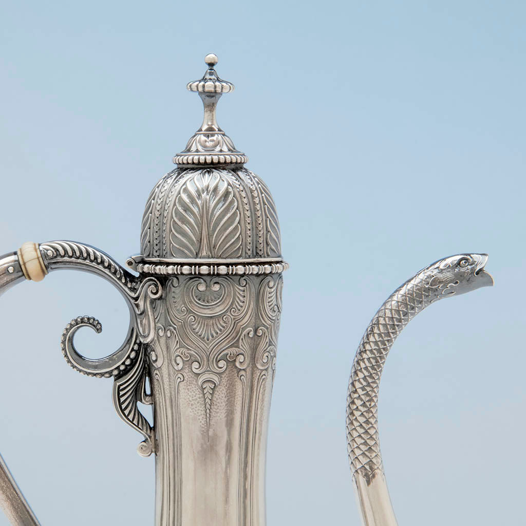 Pot cover of Gorham Antique Sterling Silver Black Coffee Service, Providence, RI, 1896-97