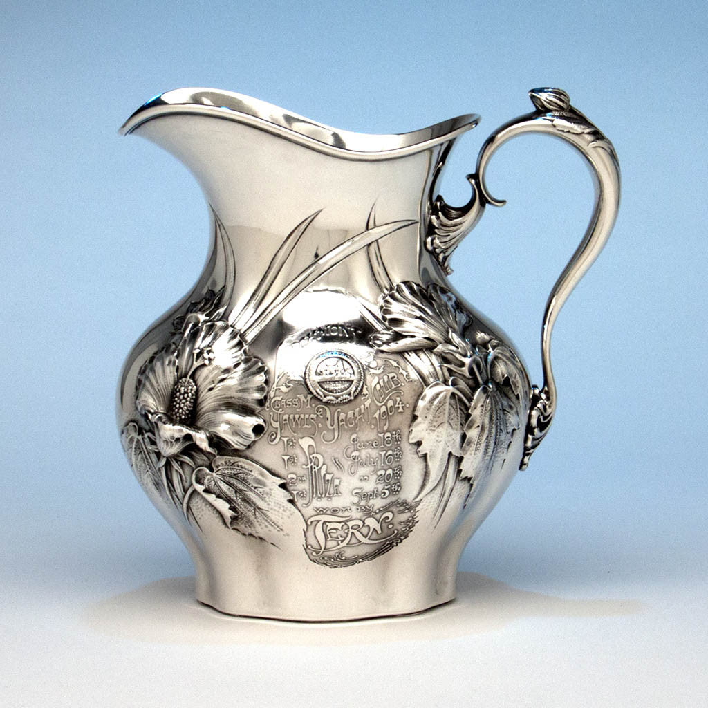 Whiting Antique Sterling Silver Art Nouveau Water Pitcher and Yachting Trophy, New York City, 1904