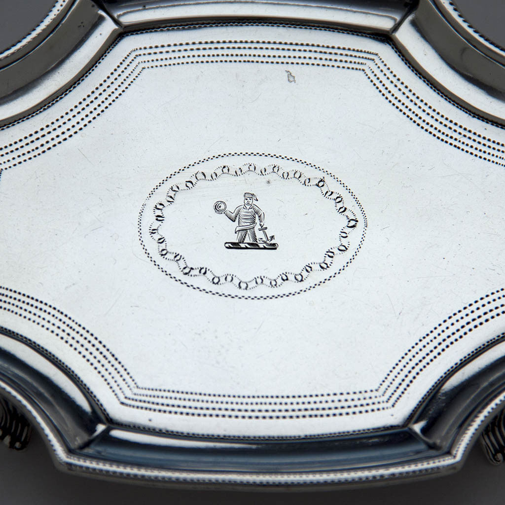 Engraving on Peter, Ann &amp; William Bateman Antique English Silver Tea Pot Stand, London, 1803/04