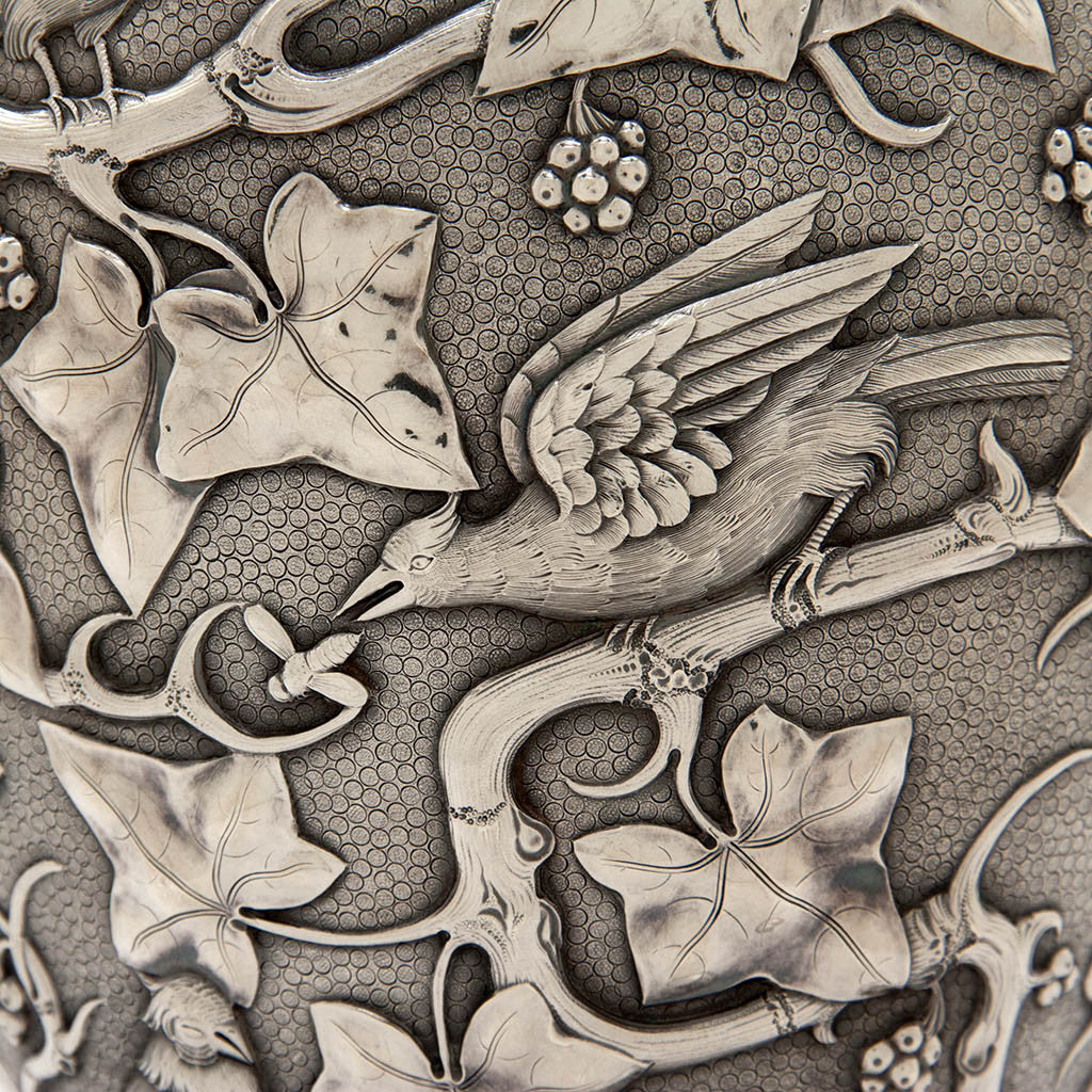Bird eating on William Bogert for Tiffany &amp; Co Antique Sterling Silver Ewer, New York City, c. 1872