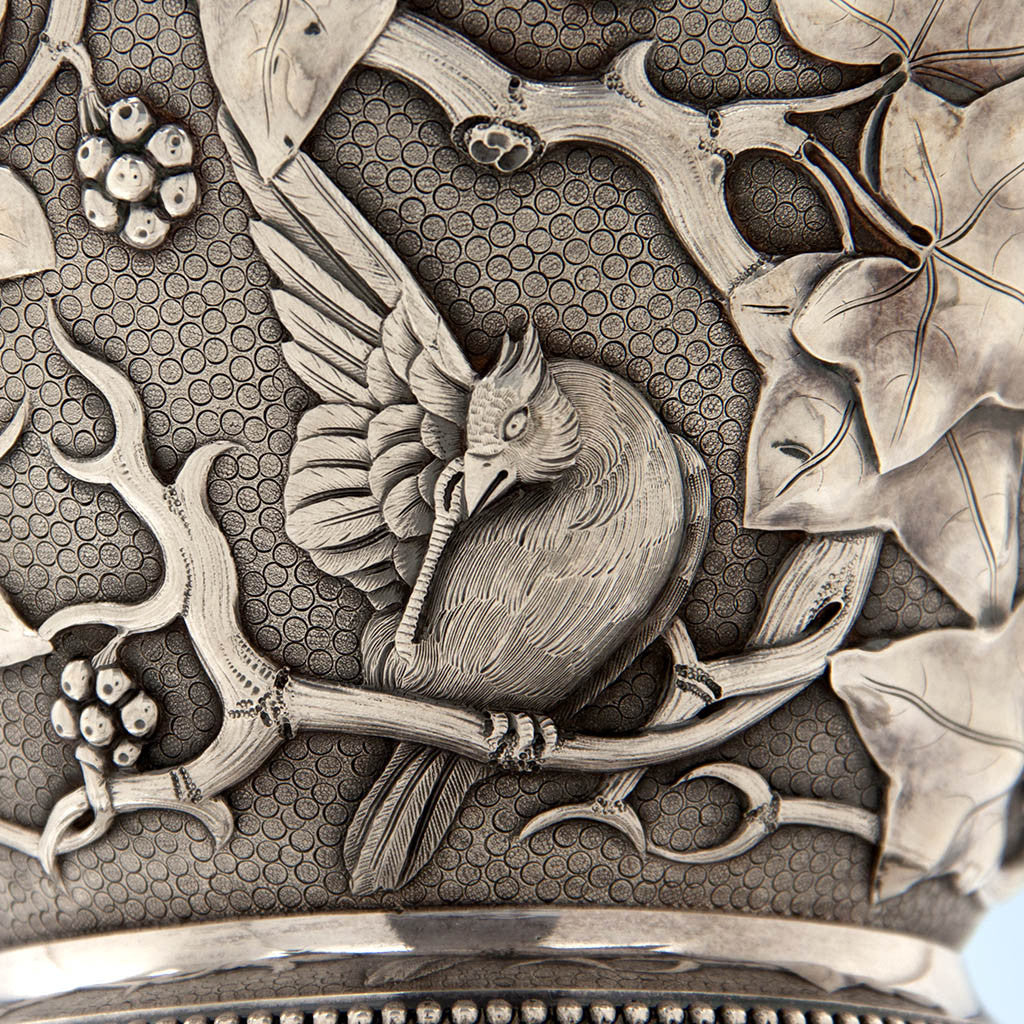 Bird scratching on William Bogert for Tiffany &amp; Co Antique Sterling Silver Ewer, New York City, c. 1872