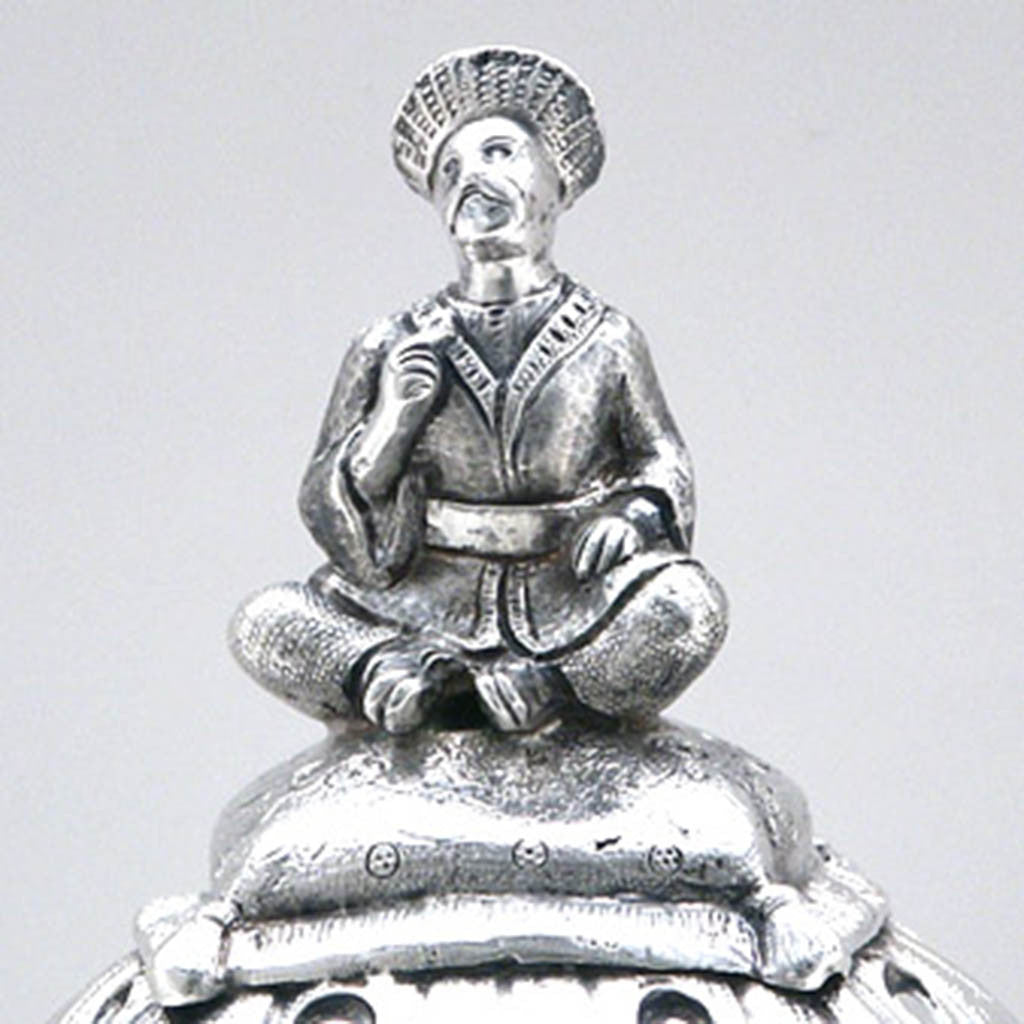 Kettle finial on R. &amp; W. Wilson 6-piece Antique Coin Silver Chinoiserie Coffee Service, Philadelphia, PA, c. 1840&#39;s