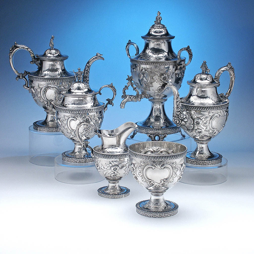 R. & W. Wilson 6-piece Antique Coin Silver Chinoiserie Coffee Service, Philadelphia, PA, c. 1840's
