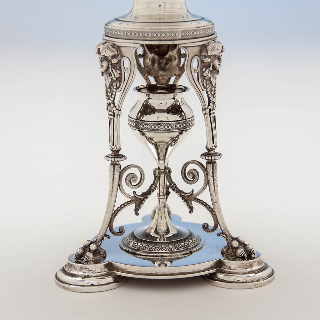 Dish stand detail of Tiffany &amp; Co Antique Sterling Silver Figural Garniture Suite, New York City, 1870-75