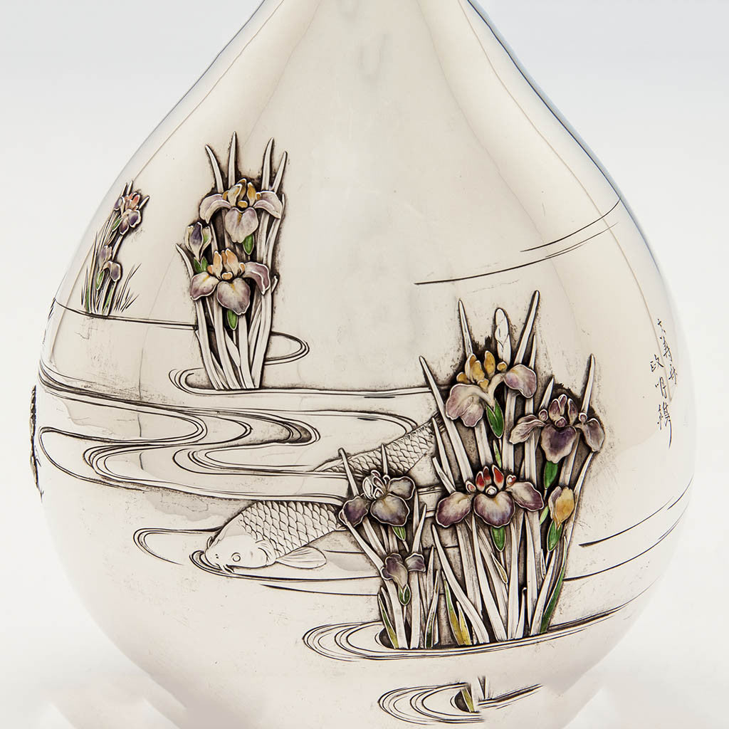 Fish on Gorham &#39;Japanese Work&#39; Antique Sterling Silver and Enamel &#39;Sample&#39; Vase, Providence, RI, 1897-98