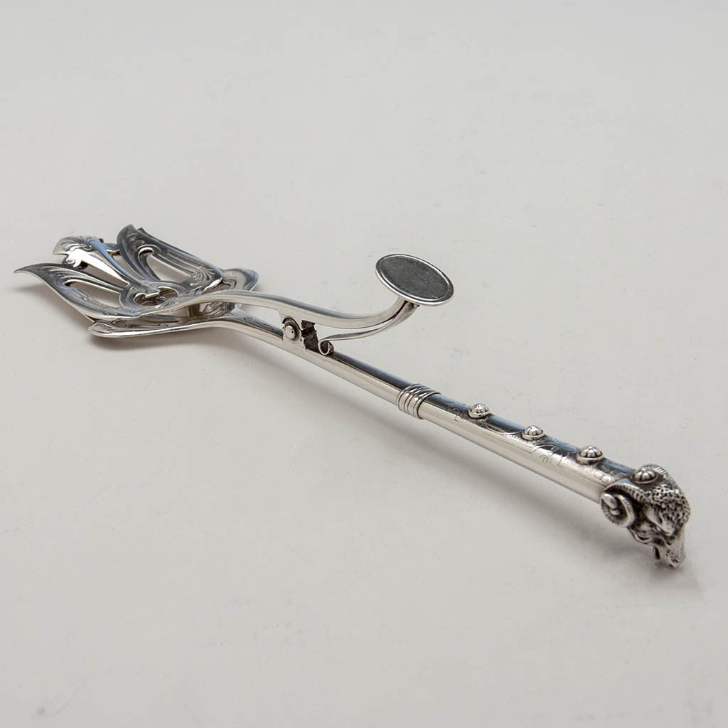 John Wendt (attr.) Figural Ram&#39;s Head Antique Sterling Silver Serving Tongs, retailed by Ball, Black &amp; Co., New York City, c. 1860&#39;s