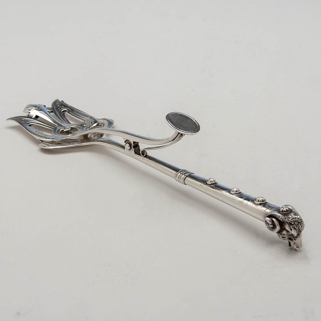 John Wendt (attr.) Figural Ram's Head Antique Sterling Silver Serving Tongs, retailed by Ball, Black & Co., New York City, c. 1860's