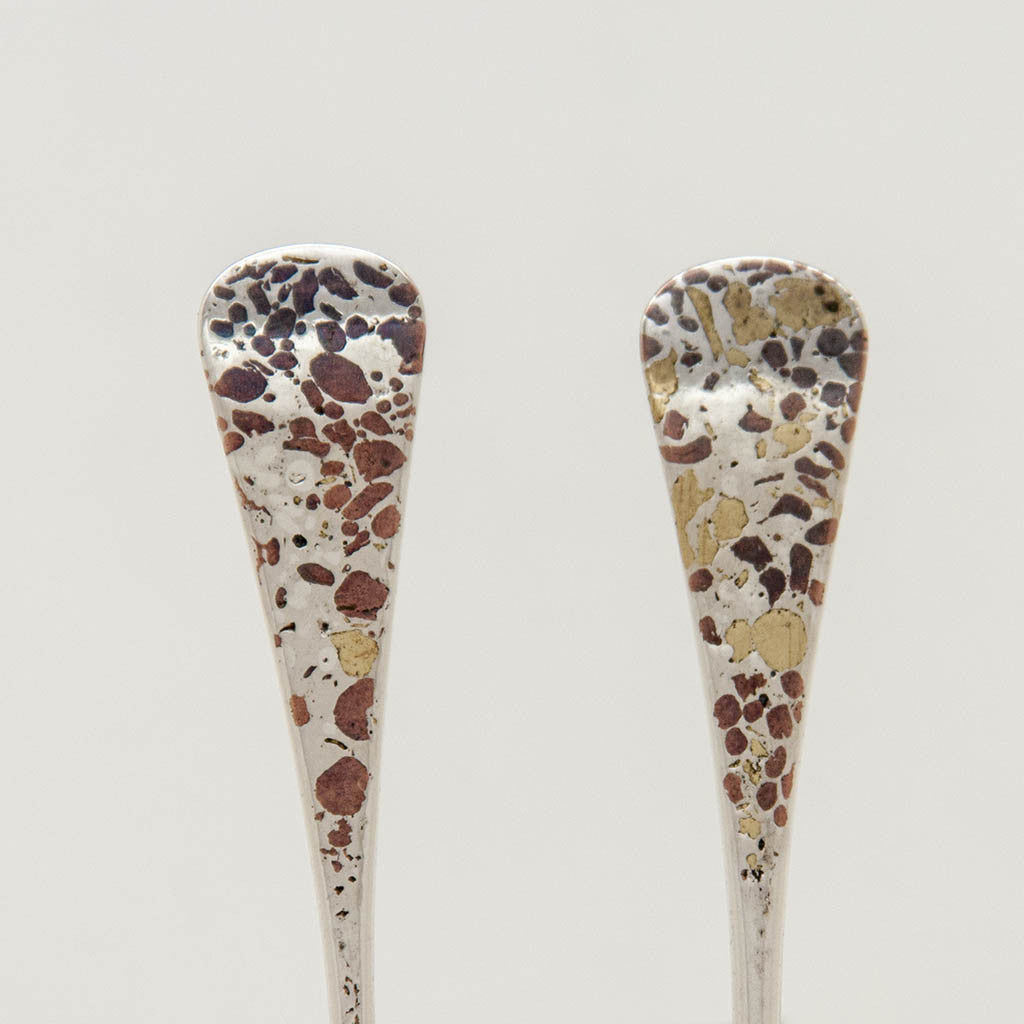 Handles of Gorham &#39;Curio&#39; Pattern (aka Cairo) Antique Sterling &amp; Other Metals Master Salt Spoons, Providence, RI, c. 1880, Pair