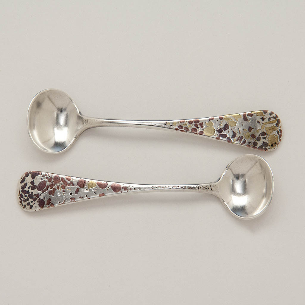 Gorham 'Curio' Pattern (aka Cairo) Antique Sterling & Other Metals Master Salt Spoons, Providence, RI, c. 1880, Pair