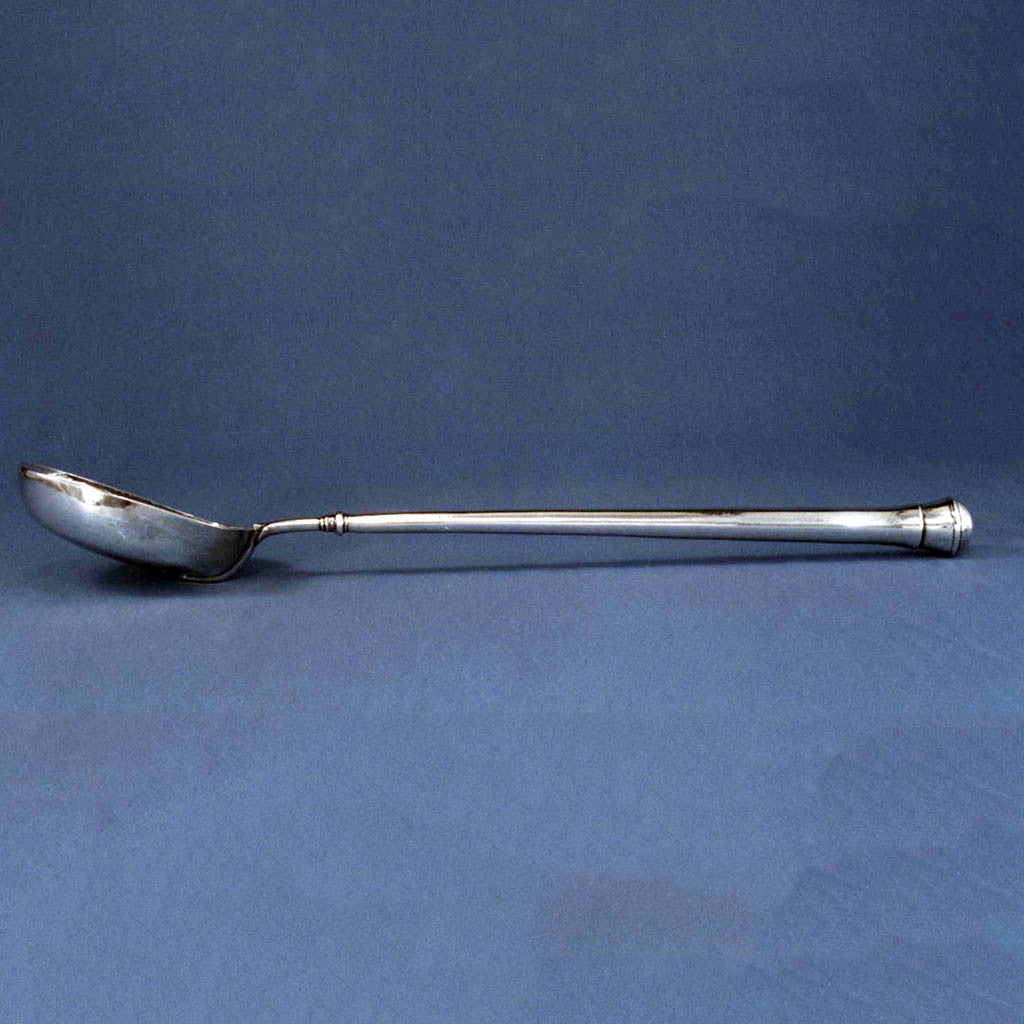John Edwards Massive Colonial Silver Cannon-Handled Serving Spoon, Boston, c.1710-20