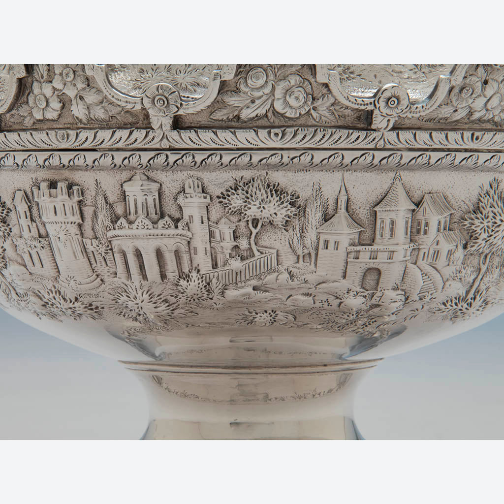 Repoussed castles on S. Kirk &amp; Son Antique Sterling Silver Covered Monteith, Baltimore, 1846-61