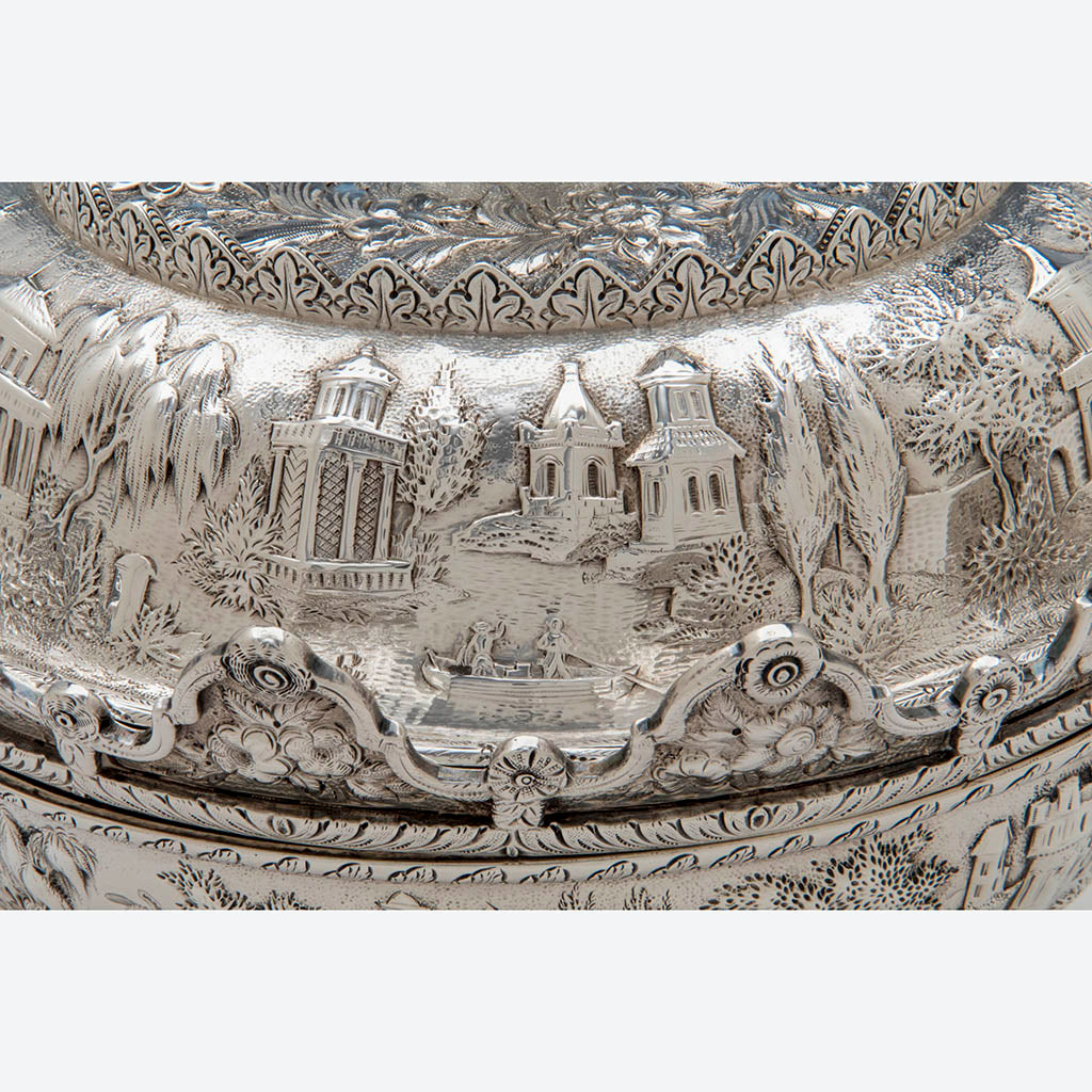 Figures in a boat on S. Kirk &amp; Son Antique Sterling Silver Covered Monteith, Baltimore, 1846-61