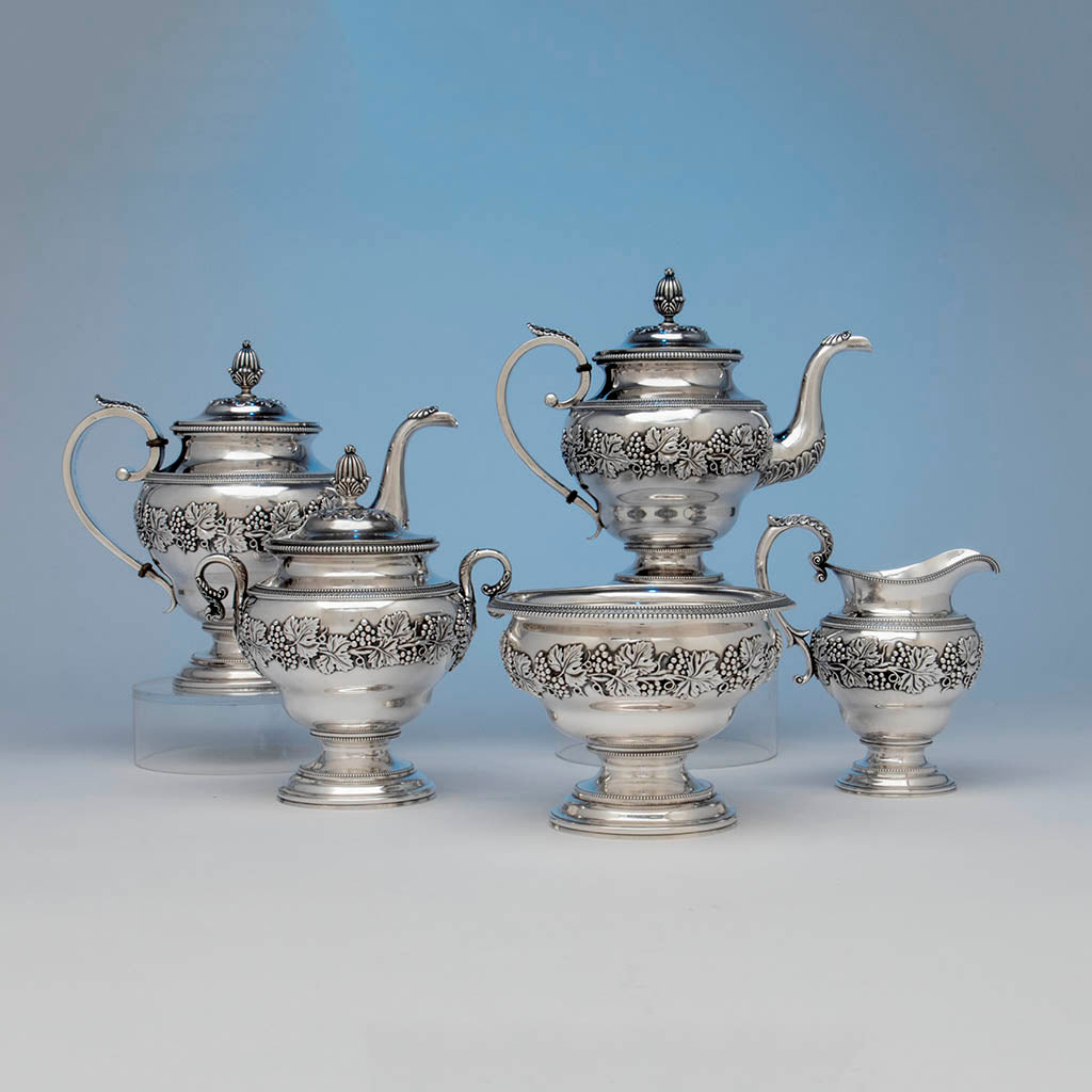 Harvey Lewis Antique Coin Silver 5 Piece Tea Service, Philadelphia, 1811-1828