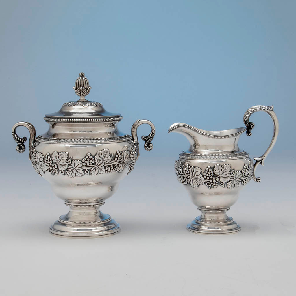 Creamer and sugar to Harvey Lewis Antique Coin Silver 5 Piece Tea Service, Philadelphia, 1811-1828