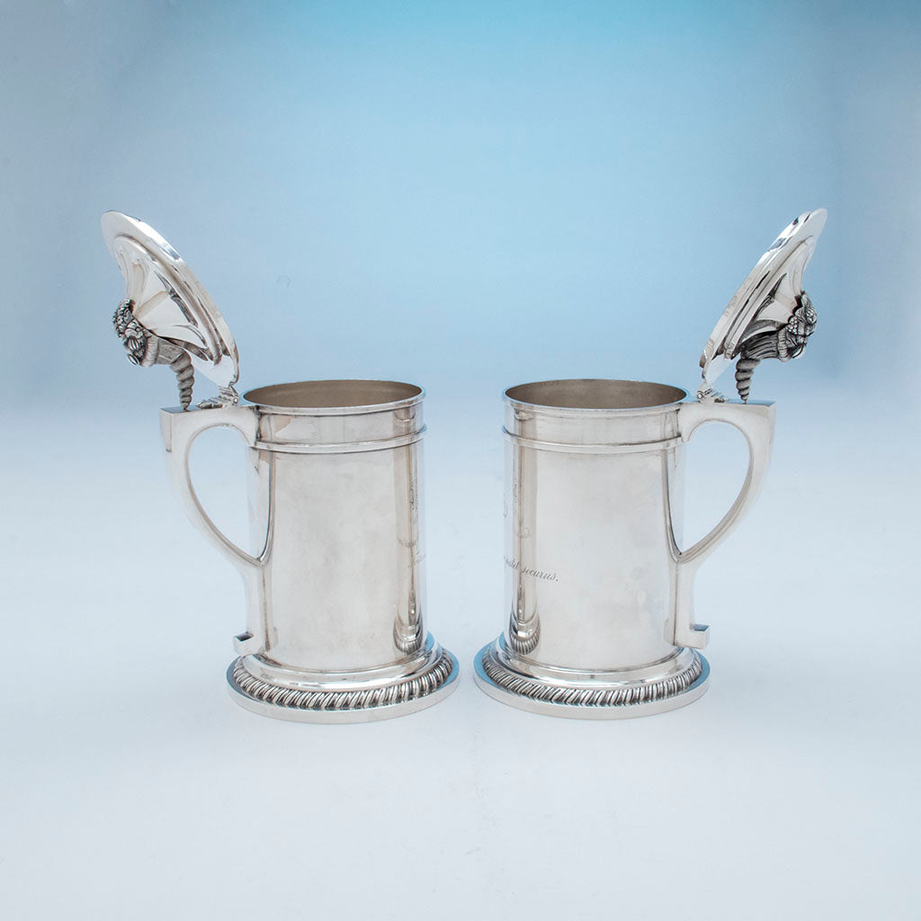 Open Woodward and Grosjean Two Coin Silver Harvard Presentation Covered Tankards, Boston, 1849