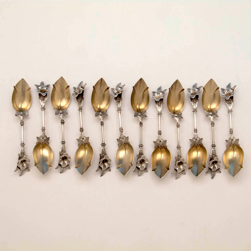 George Sharp 'Morning Glory' Antique Sterling Dessert Spoons, Philadelphia, PA, c. 1860s - set of 12