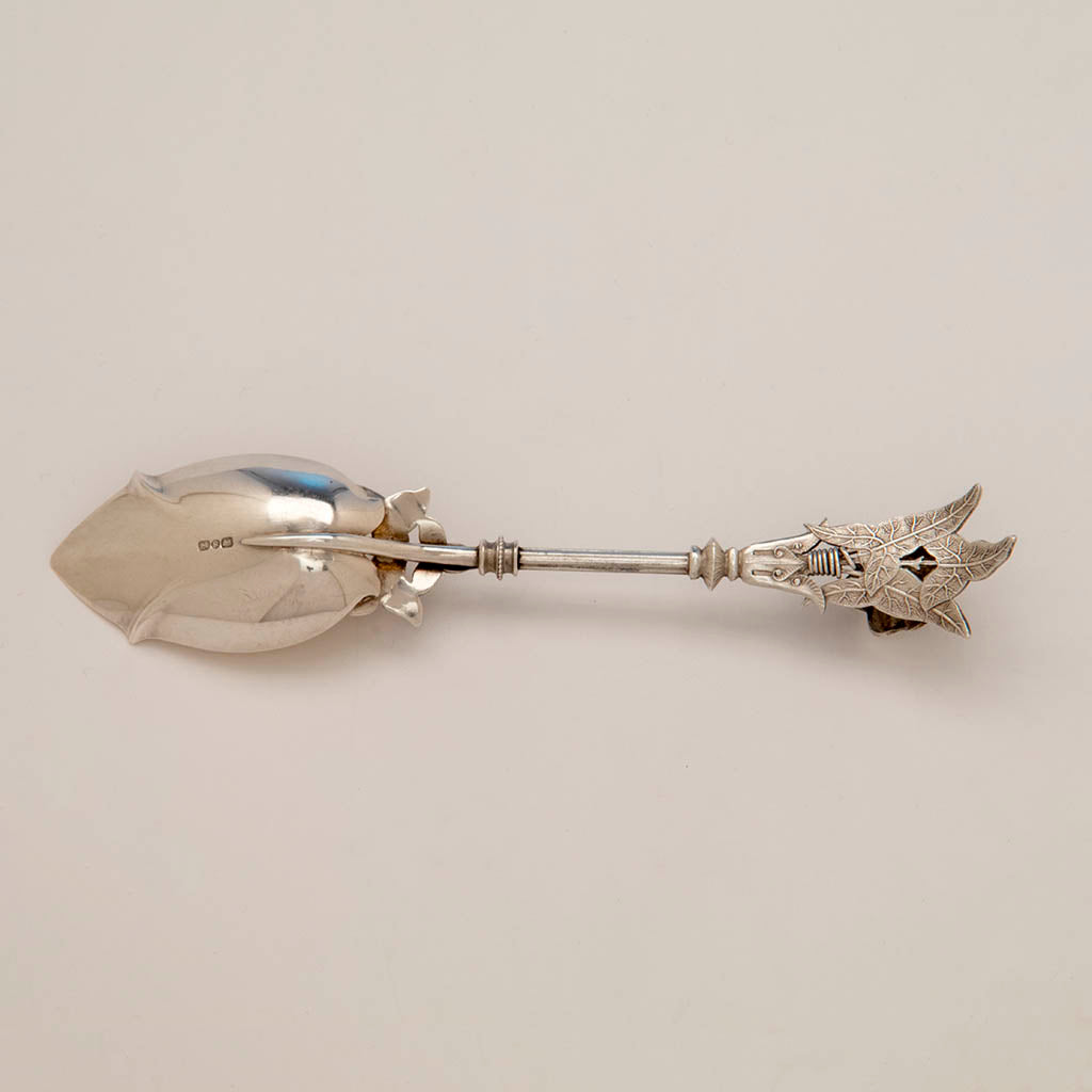 Back detail of George Sharp &#39;Morning Glory&#39; Antique Sterling Dessert Spoons, Philadelphia, PA, c. 1860s - set of 12
