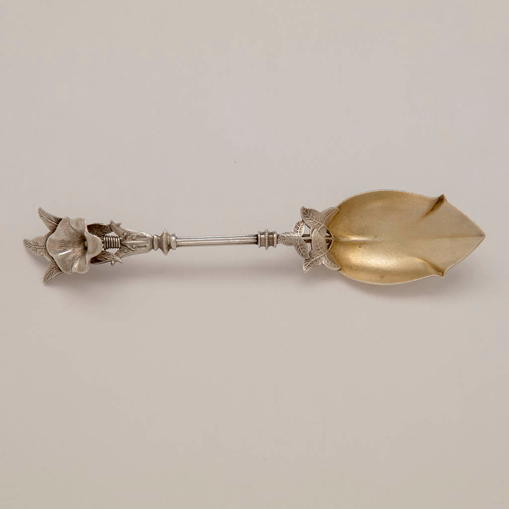Detail of George Sharp &#39;Morning Glory&#39; Antique Sterling Dessert Spoons, Philadelphia, PA, c. 1860s - set of 12