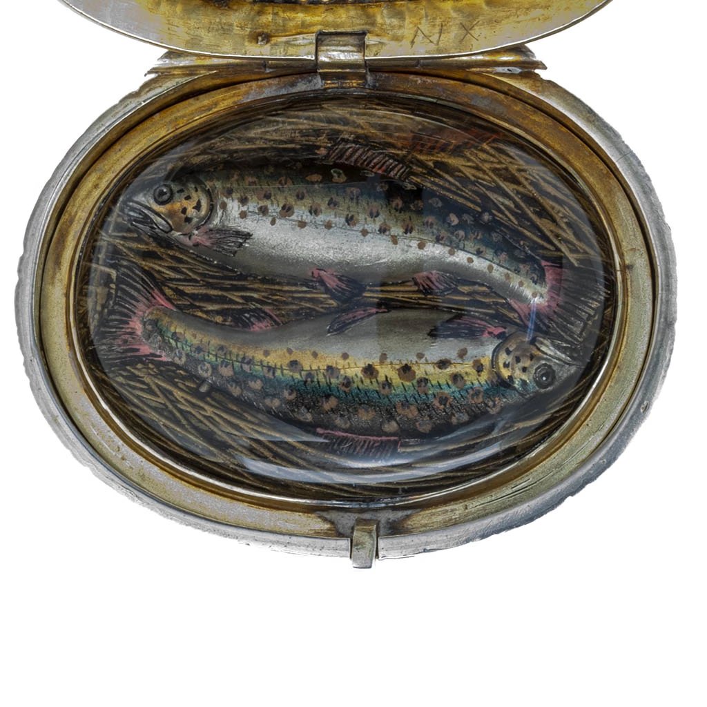 Miniature fish painting in the Thomas Johnson Trompe l&#39;oeil Creel-Form Matchsafe or Vesta Case, London, 1882/83