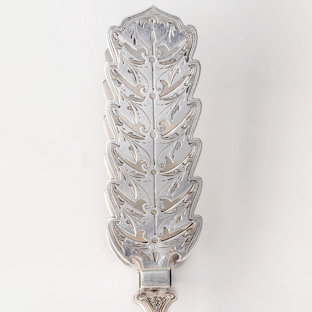 Top blade of the John Wendt &quot;Florentine&quot; Pattern Antique Sterling Silver Asparagus Tongs, NYC, c. 1870s